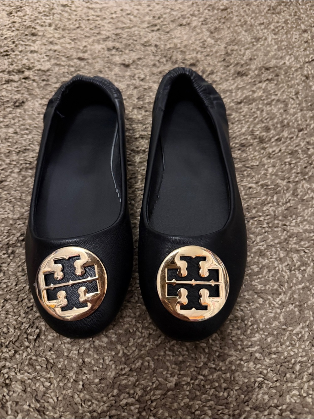 Tory Burch Black Leather Flats with Gold Logo Emblem - Knock off, paid $125